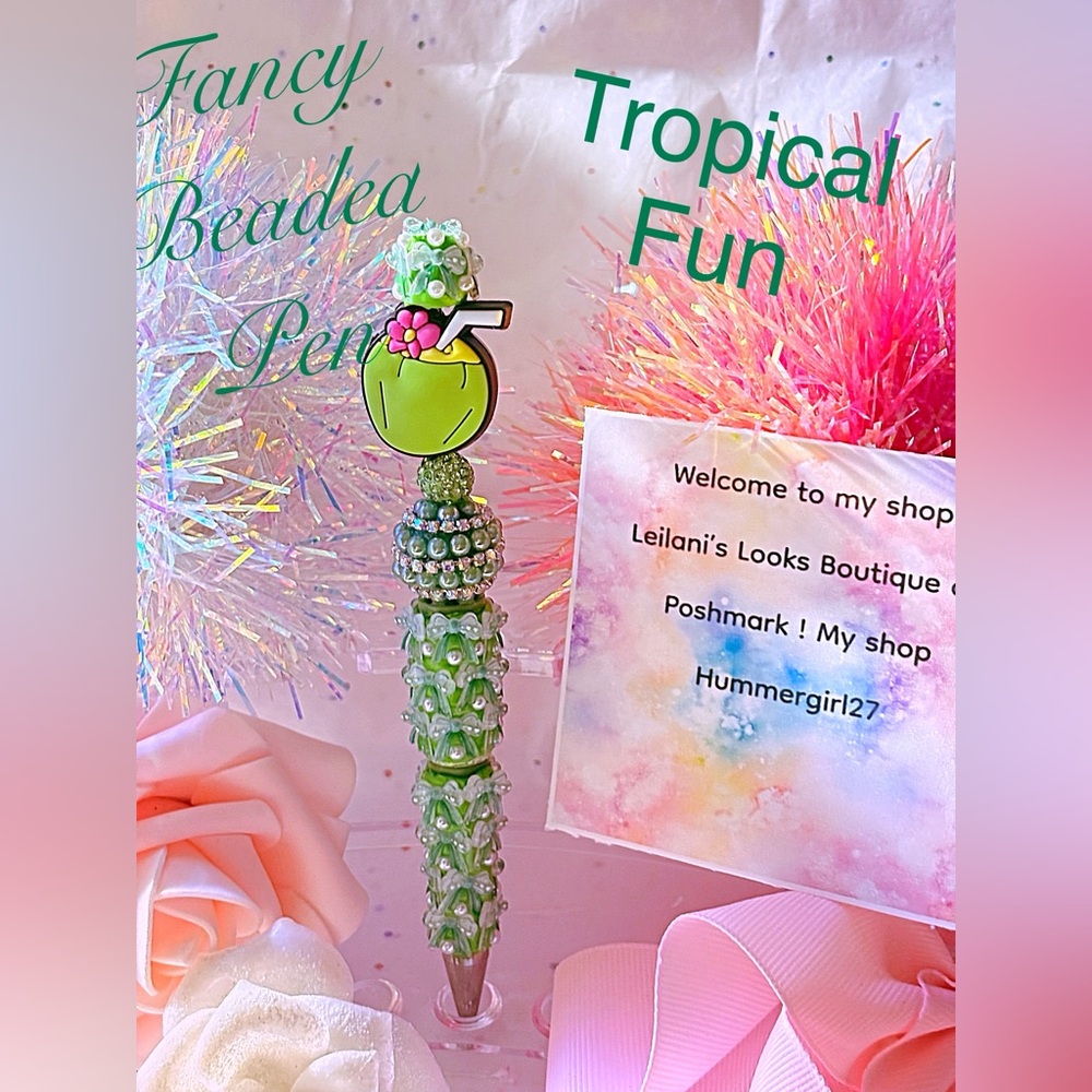 Green Beaded Pen with Tropical Charm/coconut bead/vacation/gifts/